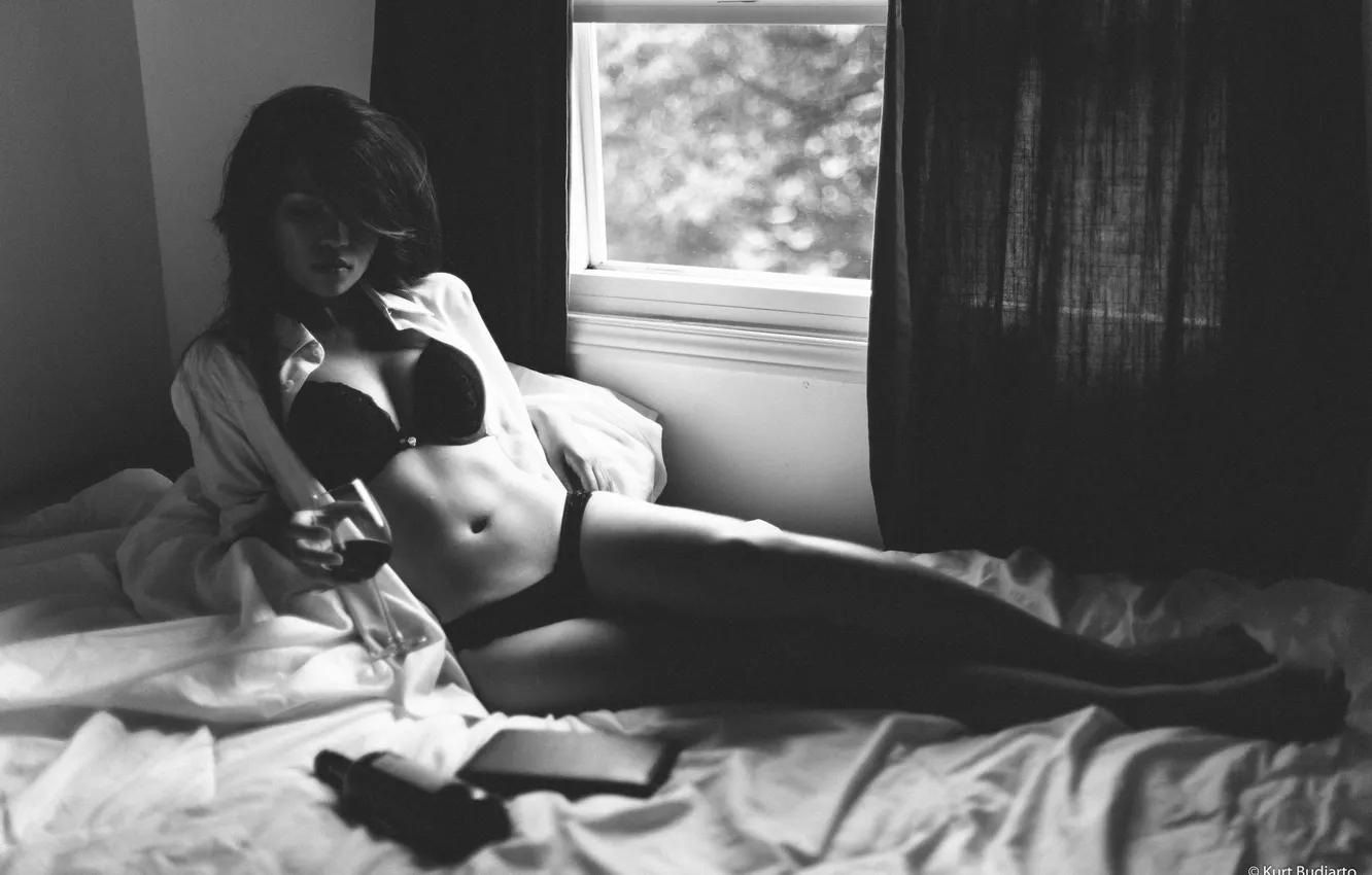 Photo wallpaper girl, photo, wine, model, glass, brunette, bed, underwear