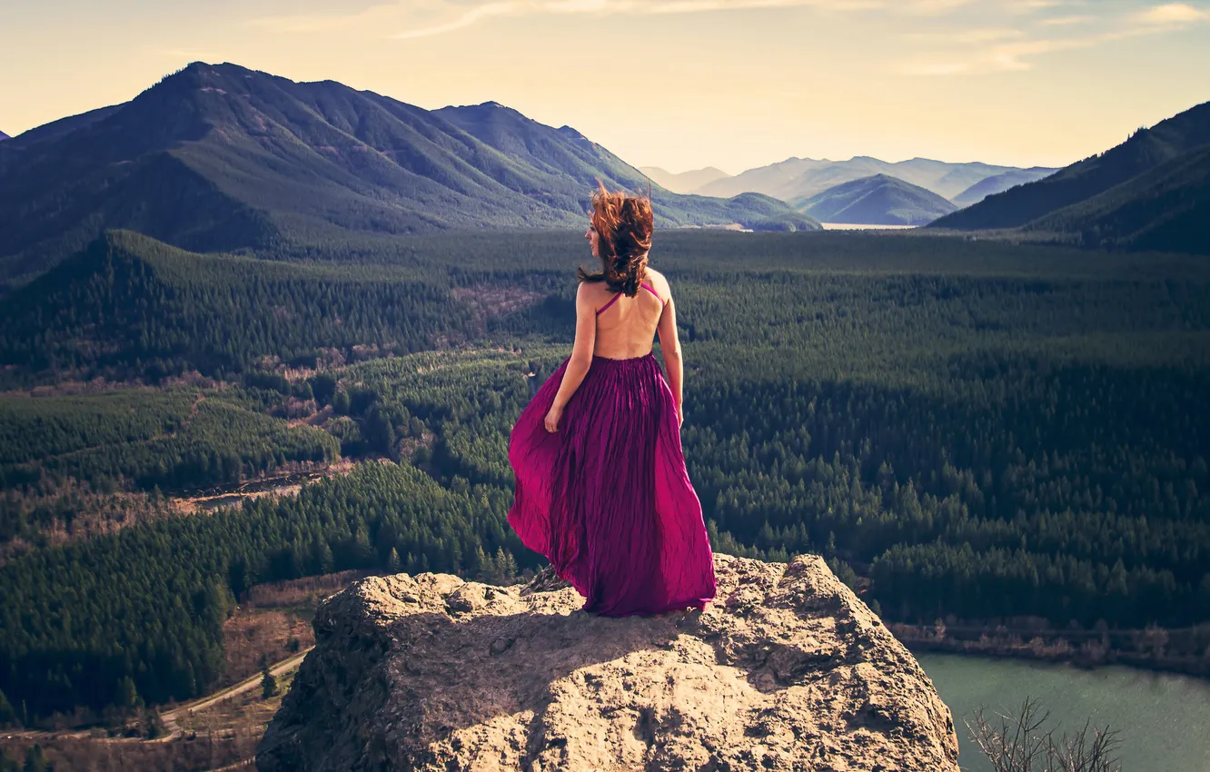 Photo wallpaper road, the sky, girl, mountains, river, the wind, ago, hair