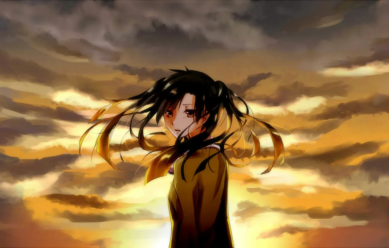 Photo wallpaper clouds, sunset, the wind, Girl, turned