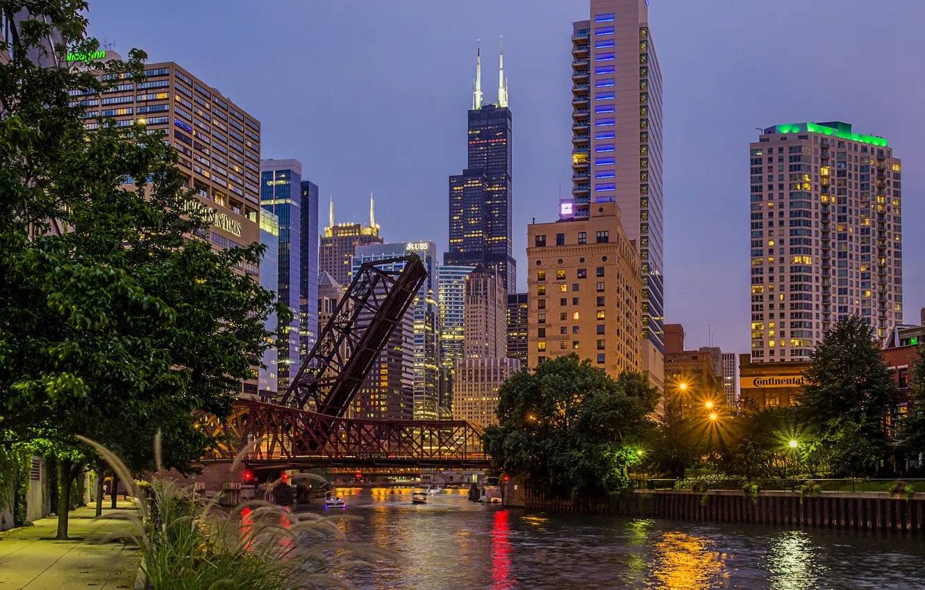 Photo wallpaper bridge, the city, river, the evening, Chicago, USA, Illinois