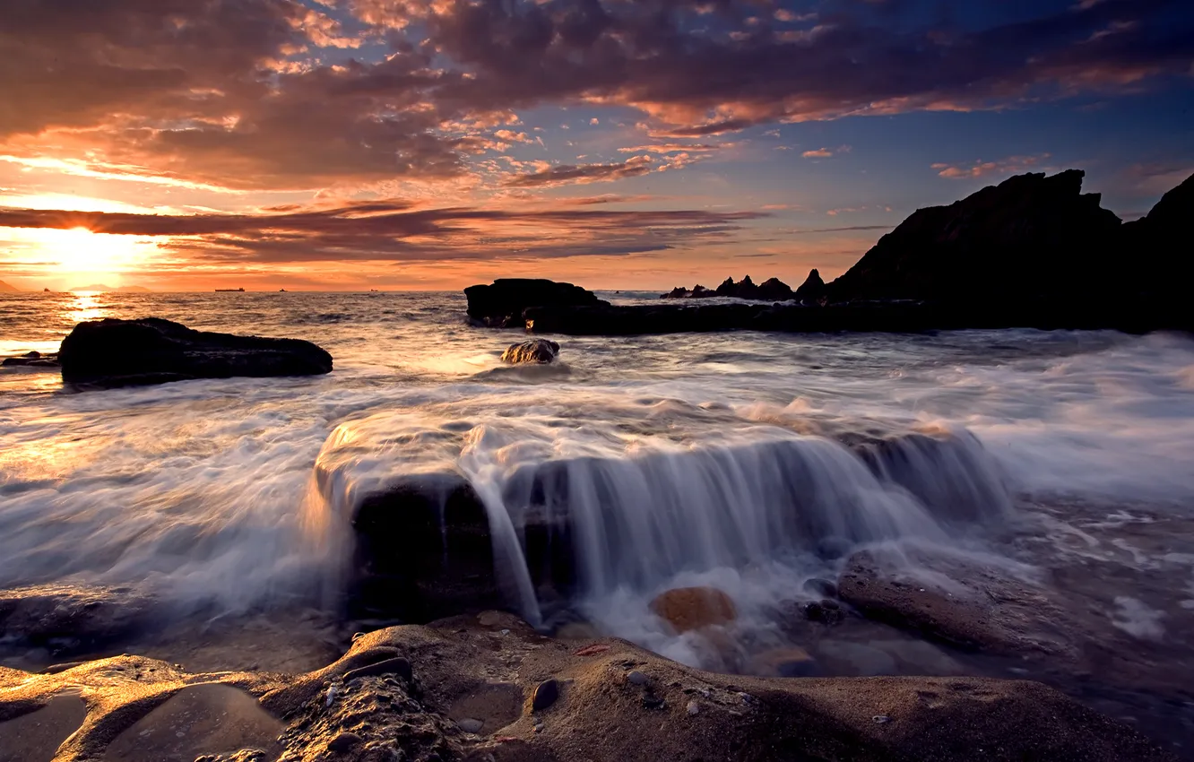 Photo wallpaper sea, wave, the sky, the sun, clouds, stones, rocks