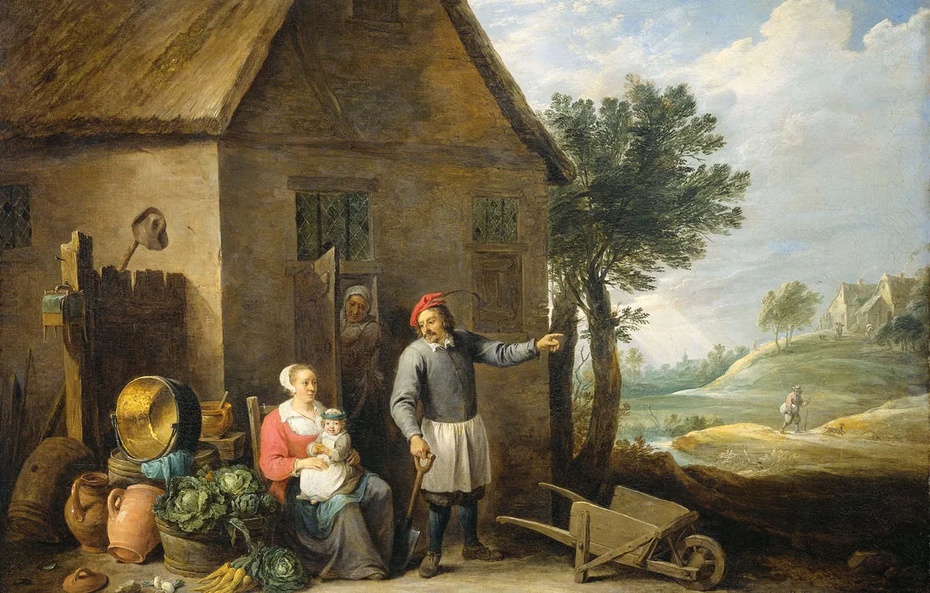 Photo wallpaper oil, picture, canvas, David Teniers The Younger, A farmer with a Wife and Child at …