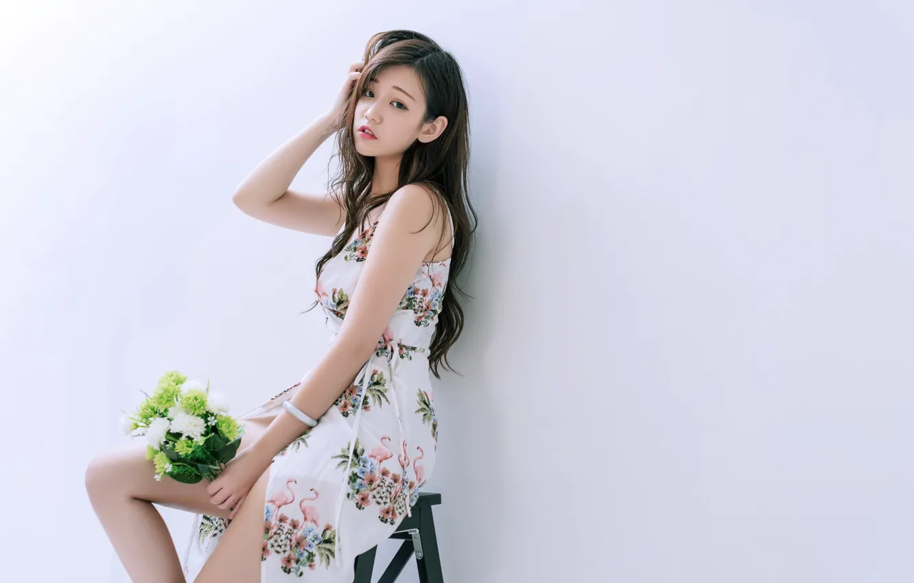 Photo wallpaper girl, flowers, Asian
