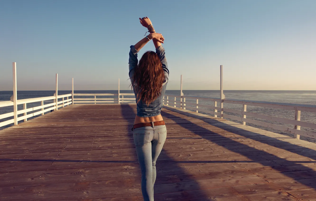 Photo wallpaper sea, the sky, girl, mood, model, hair, pier, Catrinel Menghia