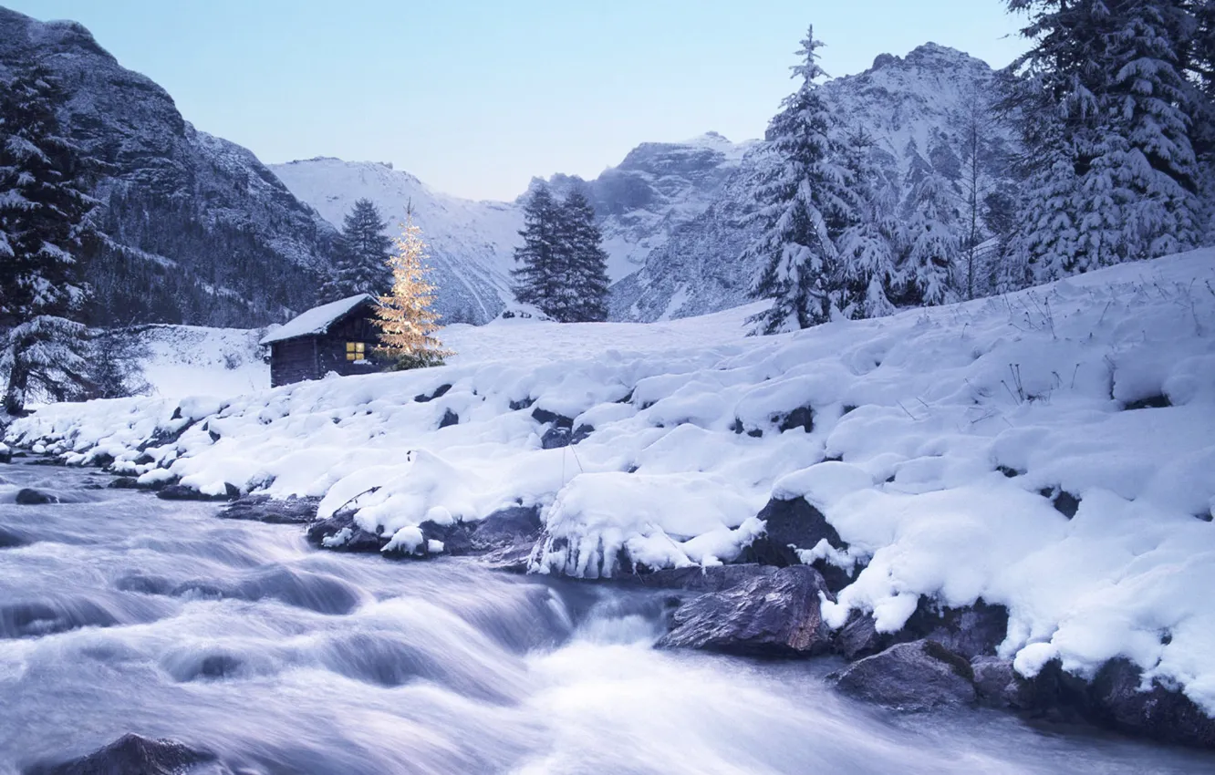 Photo wallpaper winter, frost, forest, the sky, light, snow, trees, mountains
