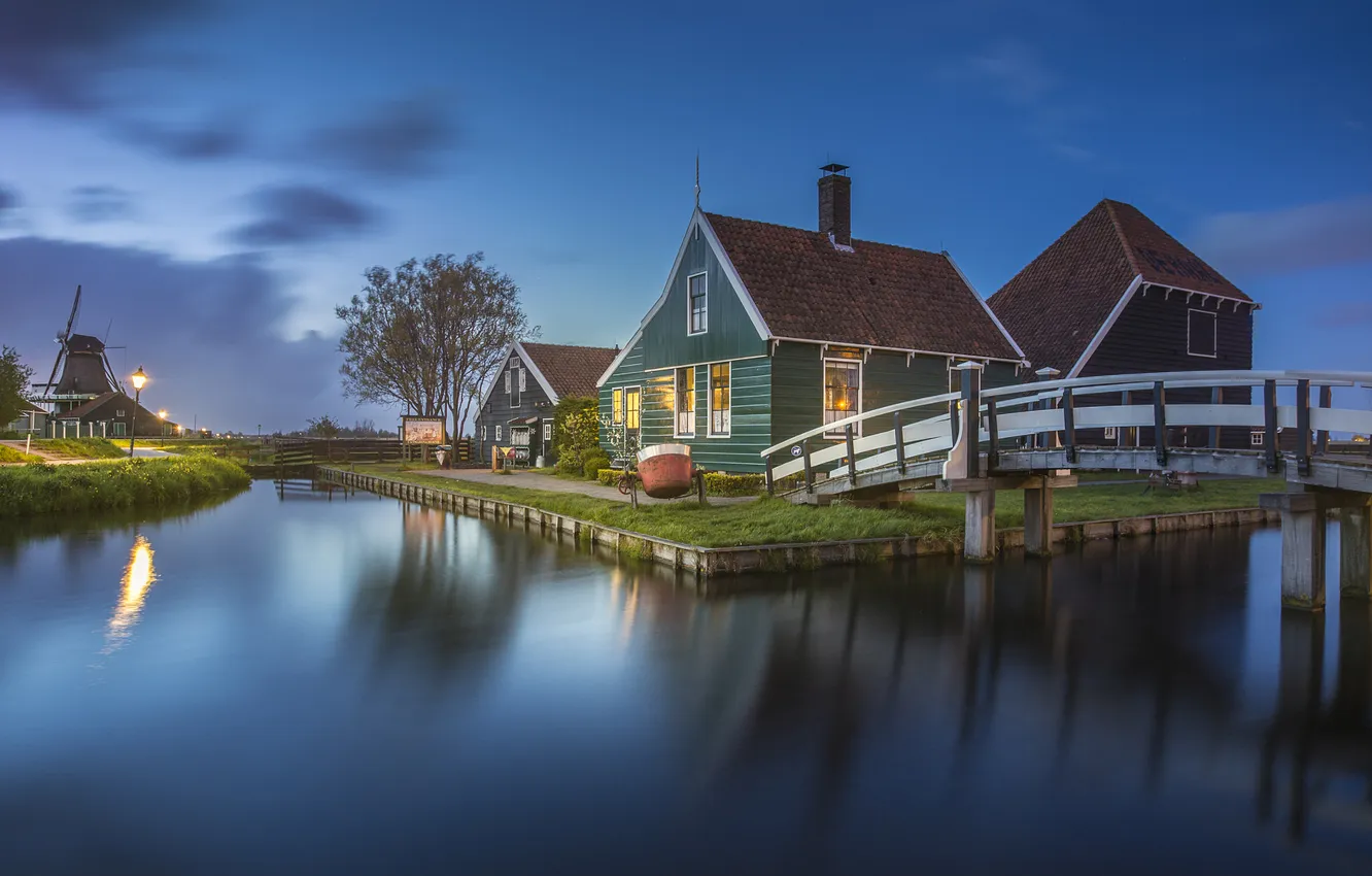 Photo wallpaper shore, house, twilight, pond, Holland, Nidrland