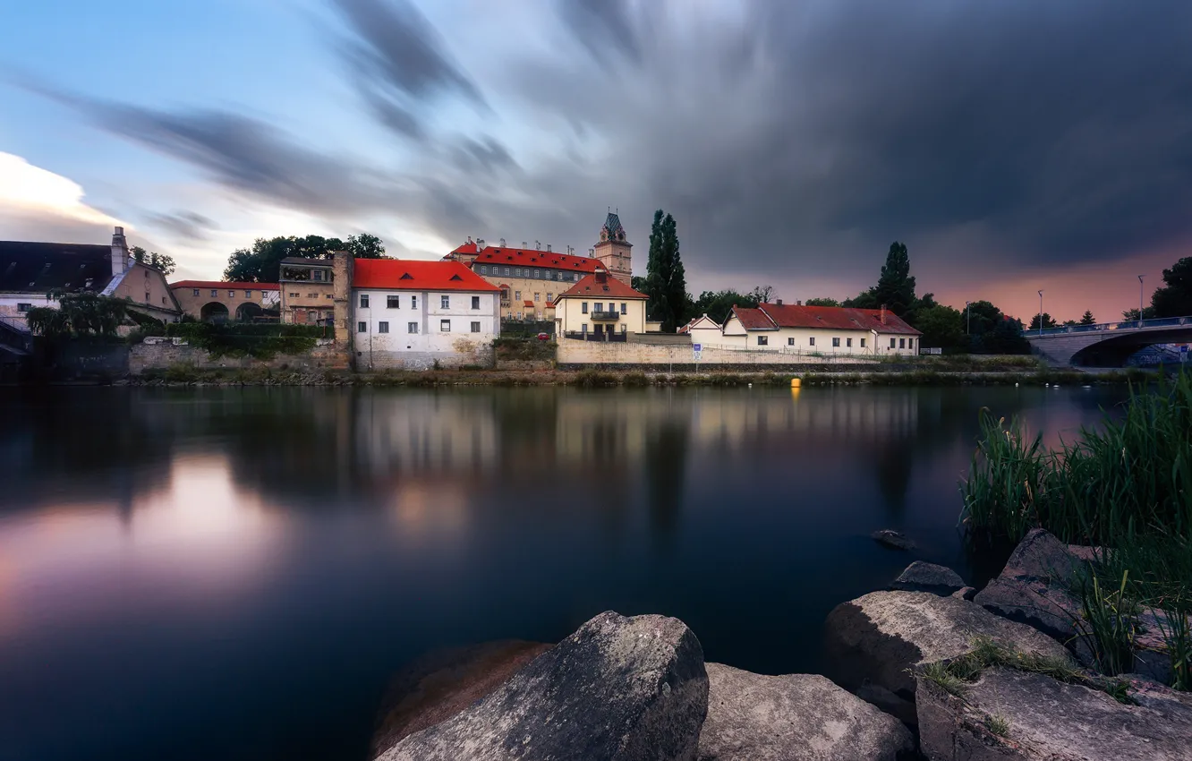 Photo wallpaper landscape, river, stones, castle, the evening, Czech Republic, Labe, Evgeni Fabis