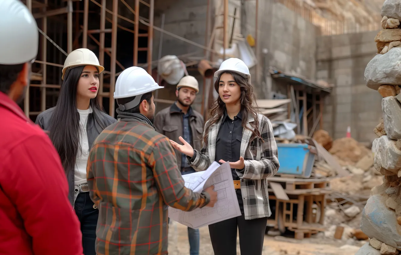 Photo wallpaper engineers, female, working