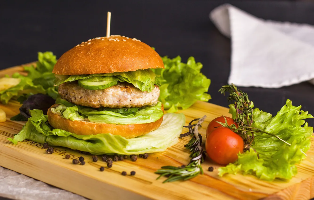 Photo wallpaper tomatoes, salad, hamburger, Patty, buns