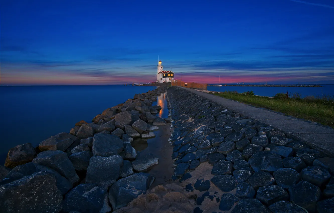Photo wallpaper road, landscape, sunset, lake, stones, lighthouse, Holland, The horse of Marken