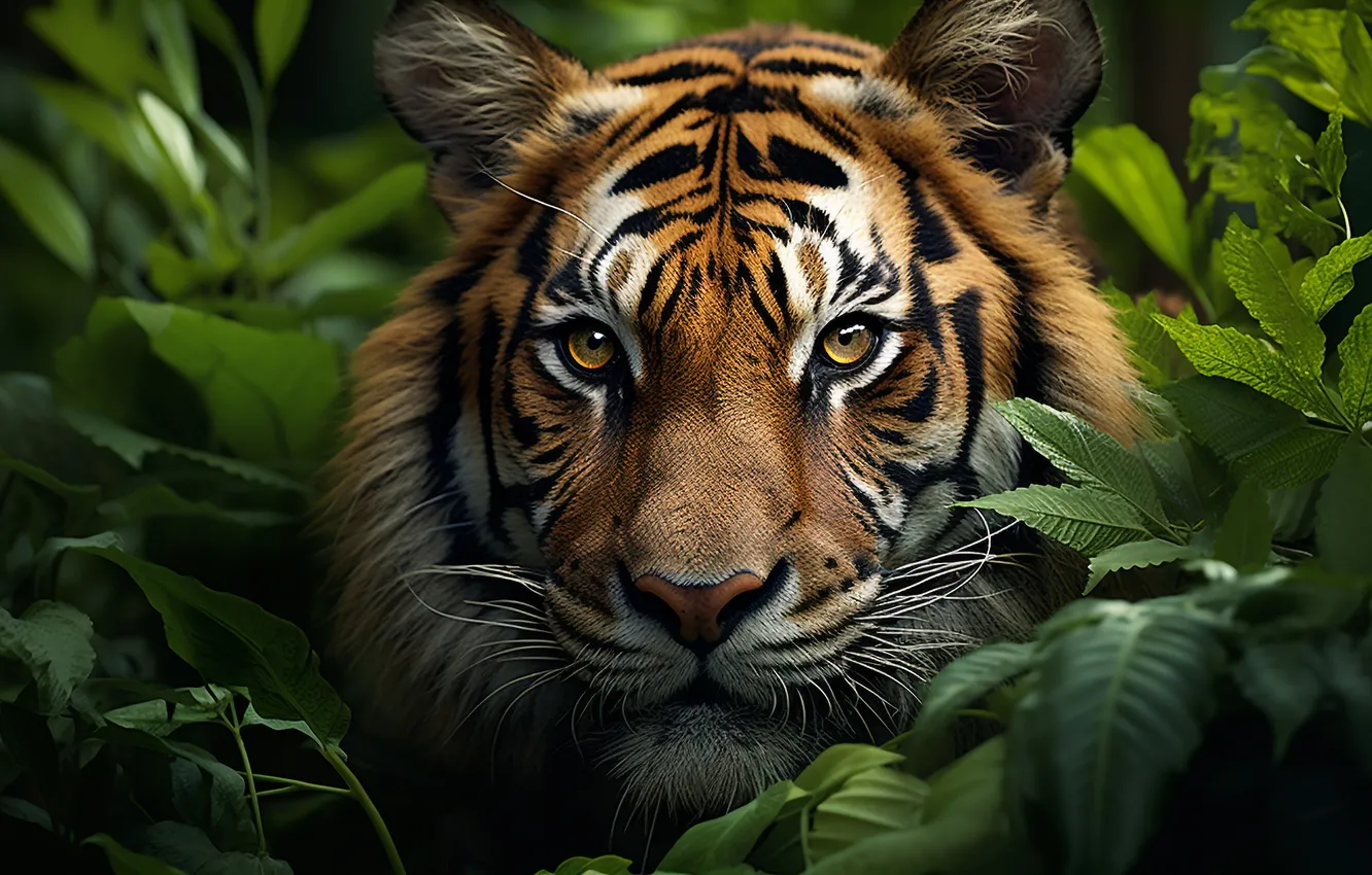 Photo wallpaper greens, look, face, leaves, branches, nature, tiger, thickets