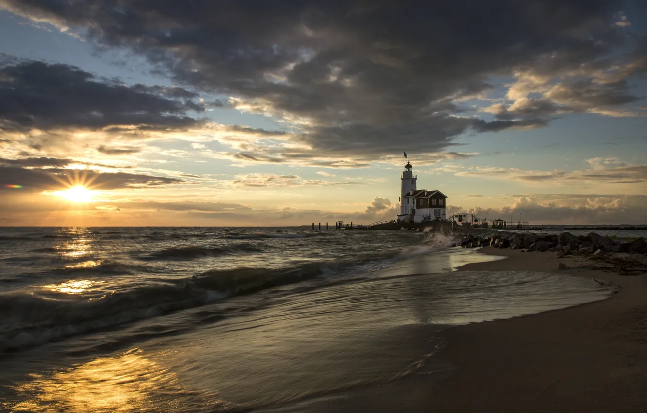 Photo wallpaper sea, beach, the sun, sunrise, lighthouse, morning, pierce, Spain