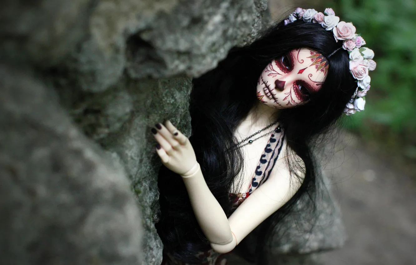 Photo wallpaper girl, face, hair, doll, tattoo, wreath