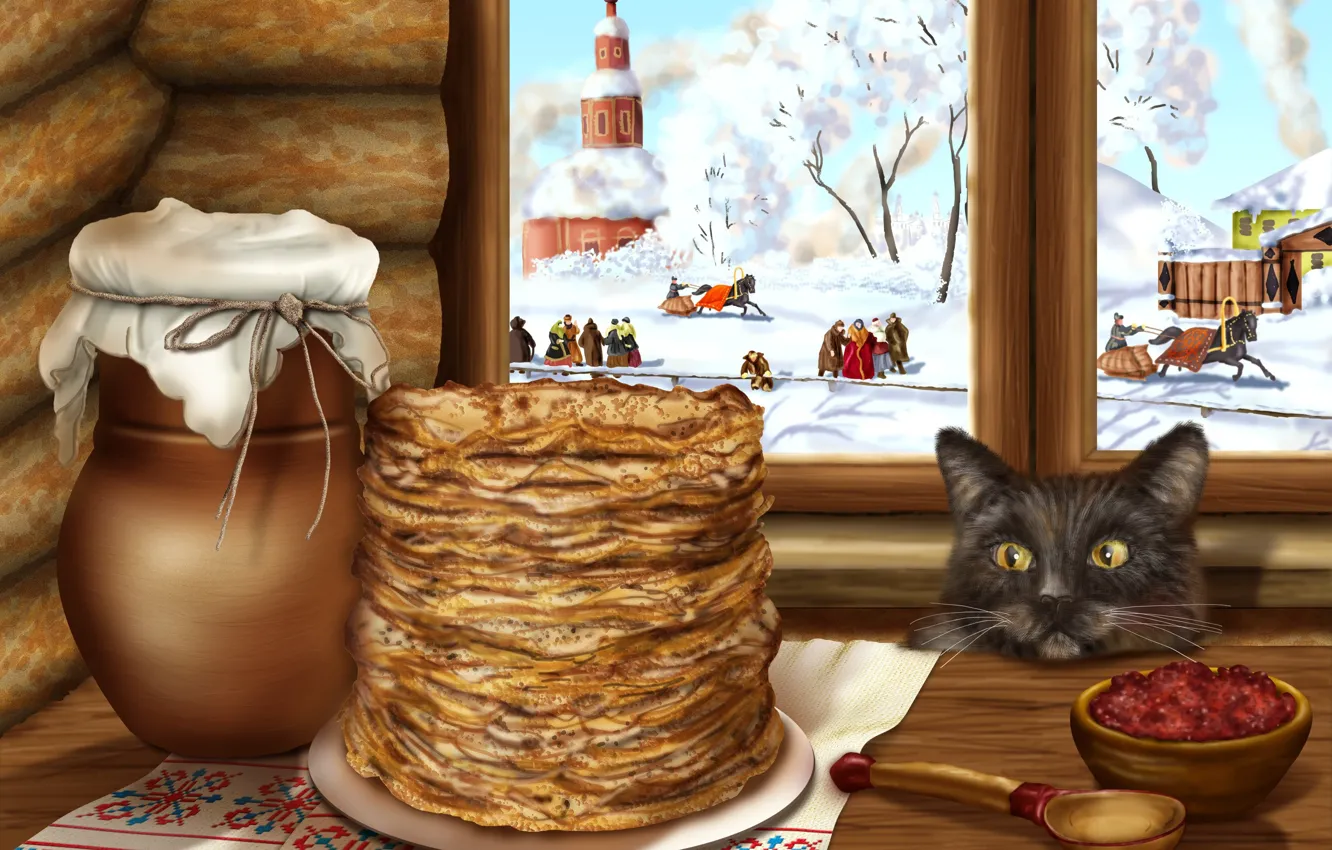 Photo wallpaper cat, holiday, people, window, art, pitcher, face, pancakes