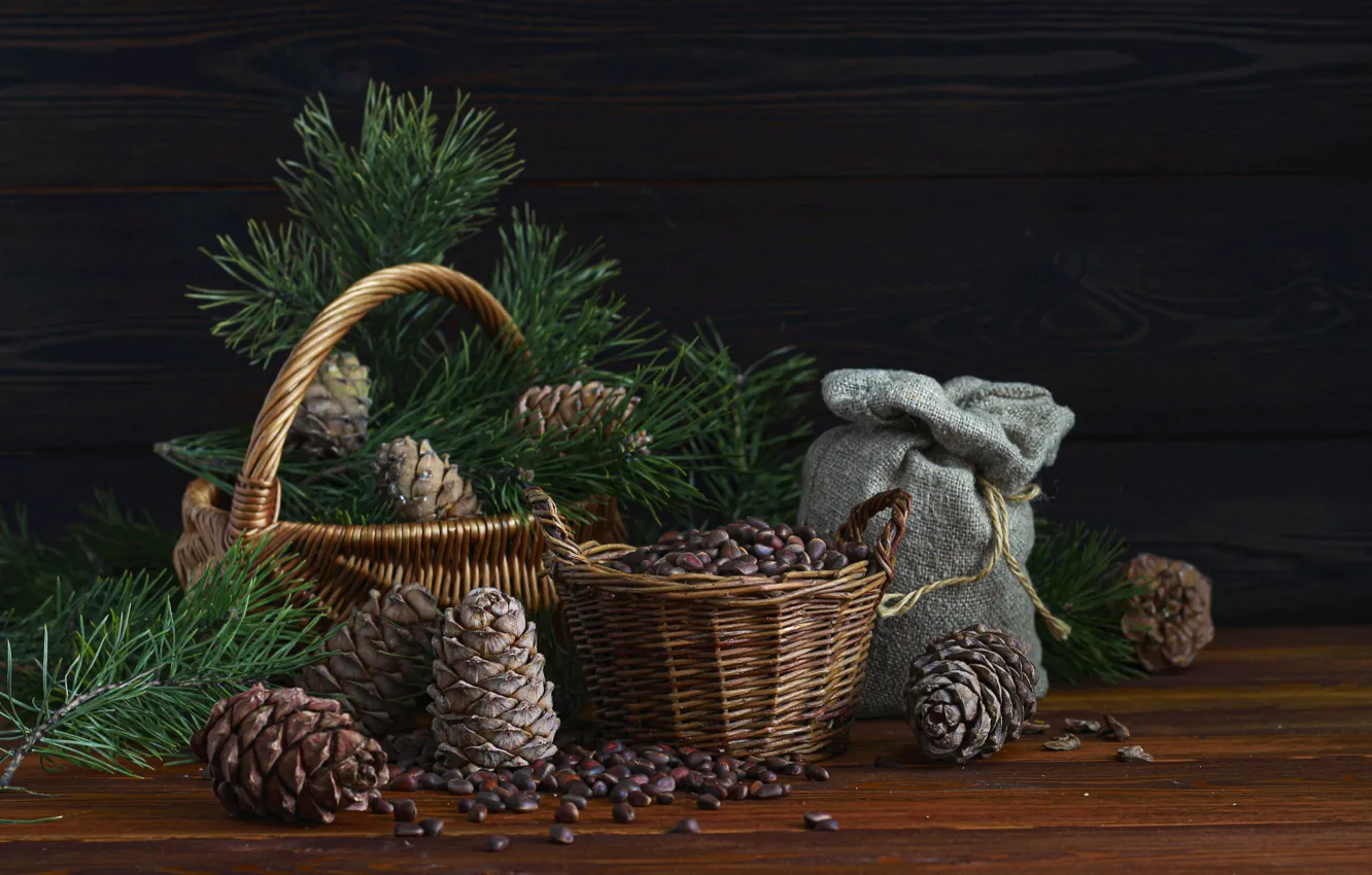 Photo wallpaper branches, table, still life, bumps, nuts, basket, cedar, pouch
