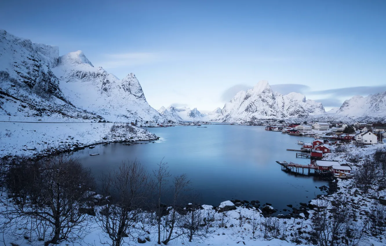 Photo wallpaper winter, mountains, clouds, snow, village, Norway, tops, Lagoon