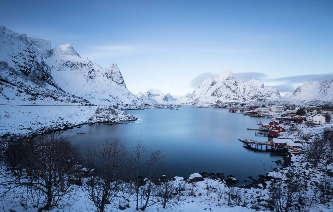 Photo wallpaper winter, mountains, clouds, snow, village, Norway, lagoon, tops