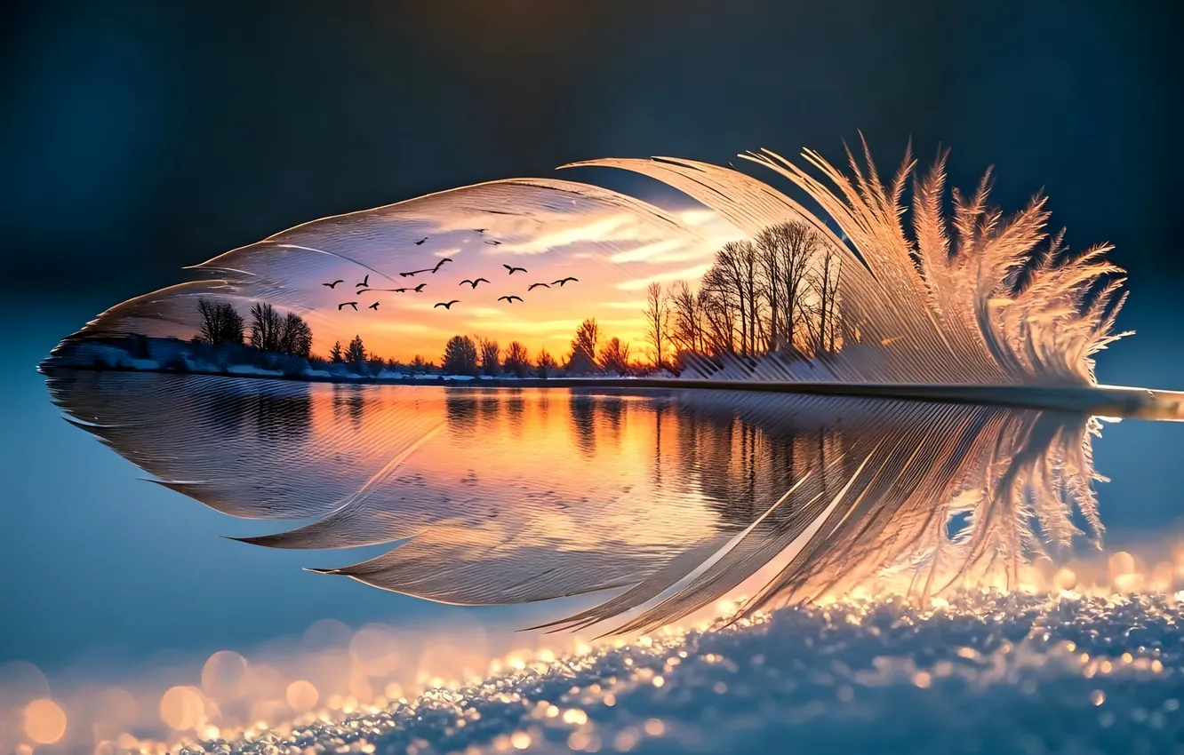 Photo wallpaper SNOW, POND, SUNSET, PACK, BIRDS, LANDSCAPE, PEN