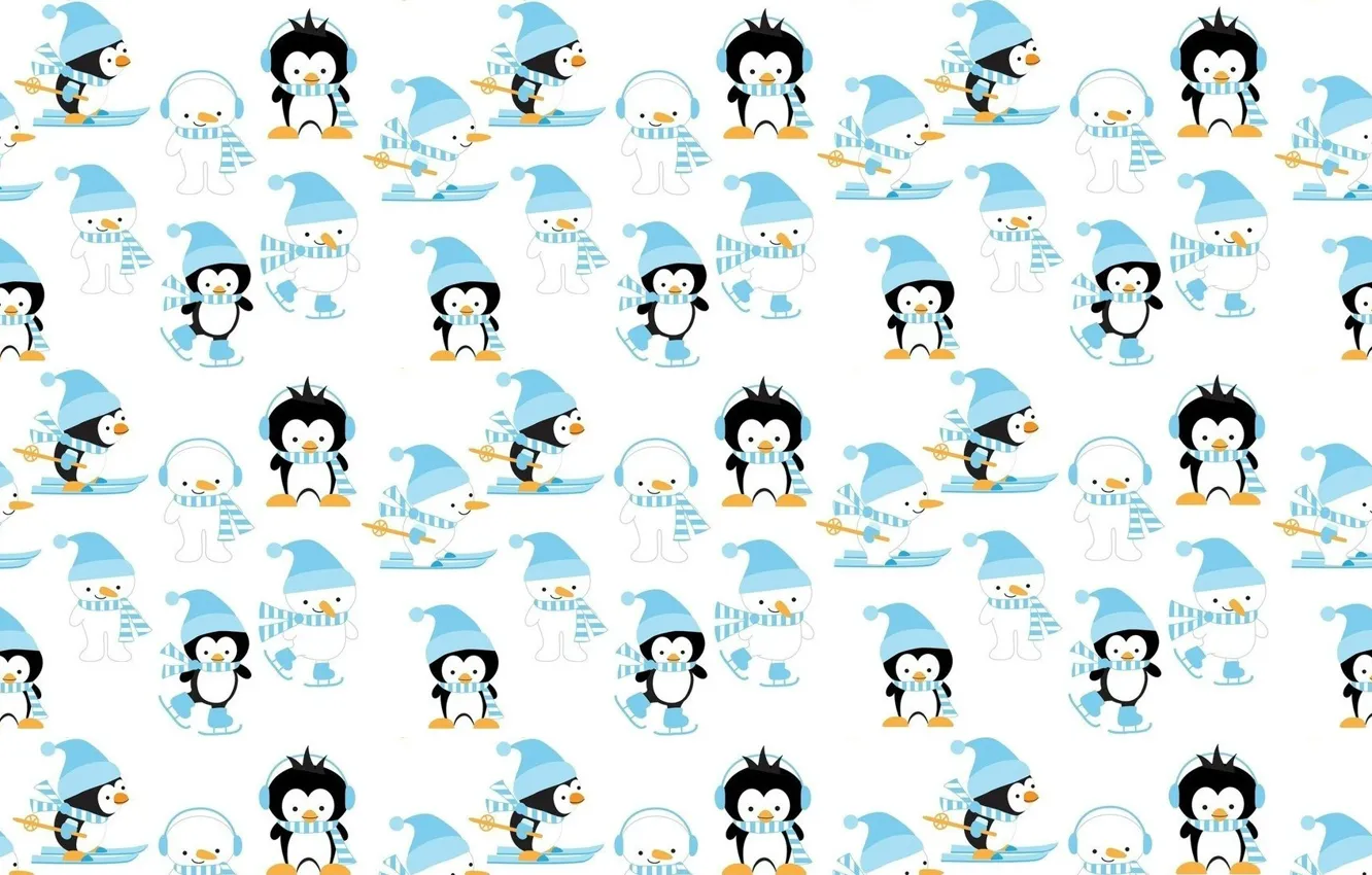Photo wallpaper music, holiday, headphones, New year, penguin, snowman, scarf