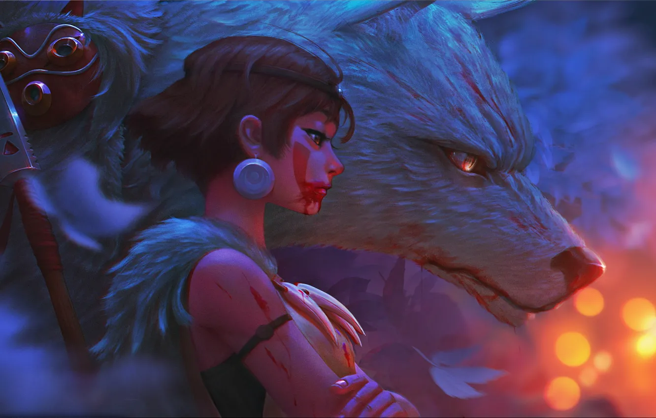 Photo wallpaper anime, wolf, princess, God, Princess Mononoke, anime girl
