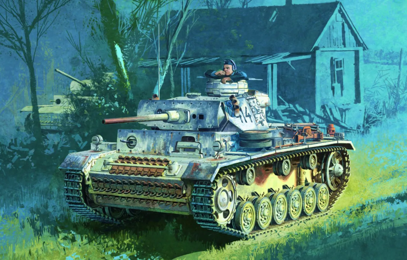 Photo wallpaper war, art, painting, tank, WW2, Panzer III, pz kpfw iii ausf m