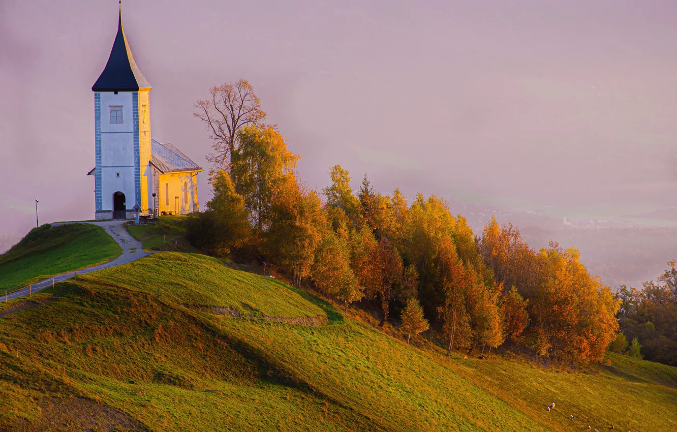 Photo wallpaper autumn, trees, landscape, nature, fog, slope, hill, Church