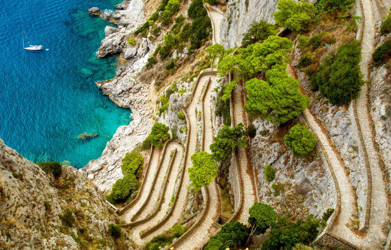 Photo wallpaper road, sea, Italy, coast, island, Capri, Tyrrhenian