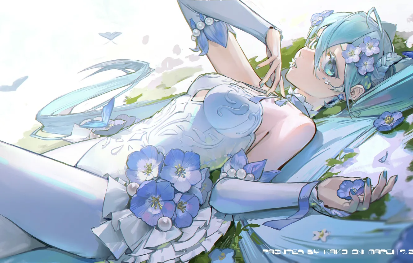 Photo wallpaper water, girl, flowers, butterfly, vocaloid, hatsune miku