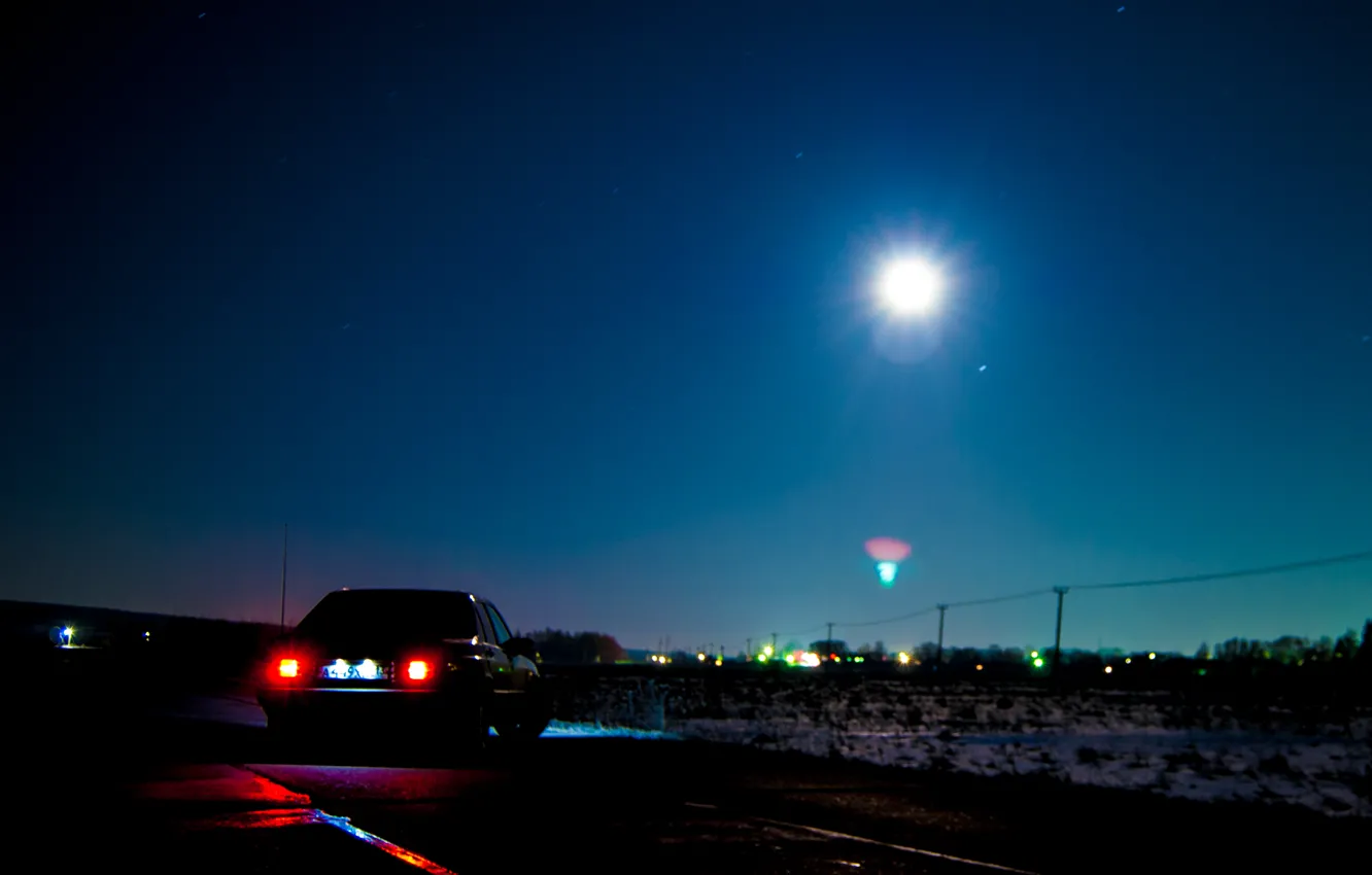Photo wallpaper stars, night, the moon, Mercedes-Benz, Mercedes, Benz, the full moon, Mercedes
