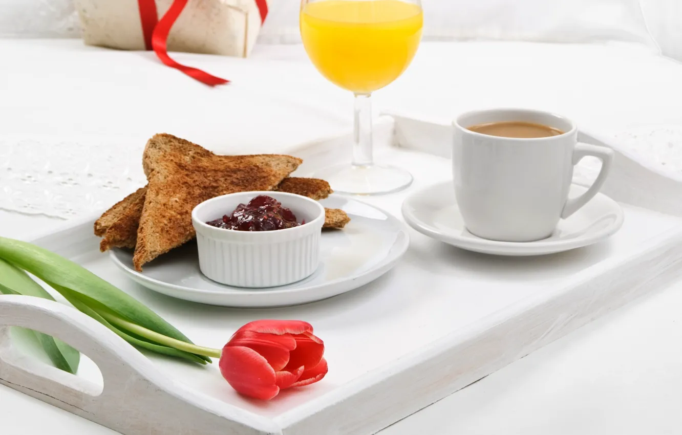 Photo wallpaper flowers, coffee, Breakfast, juice, plate, tulips, jam, tray