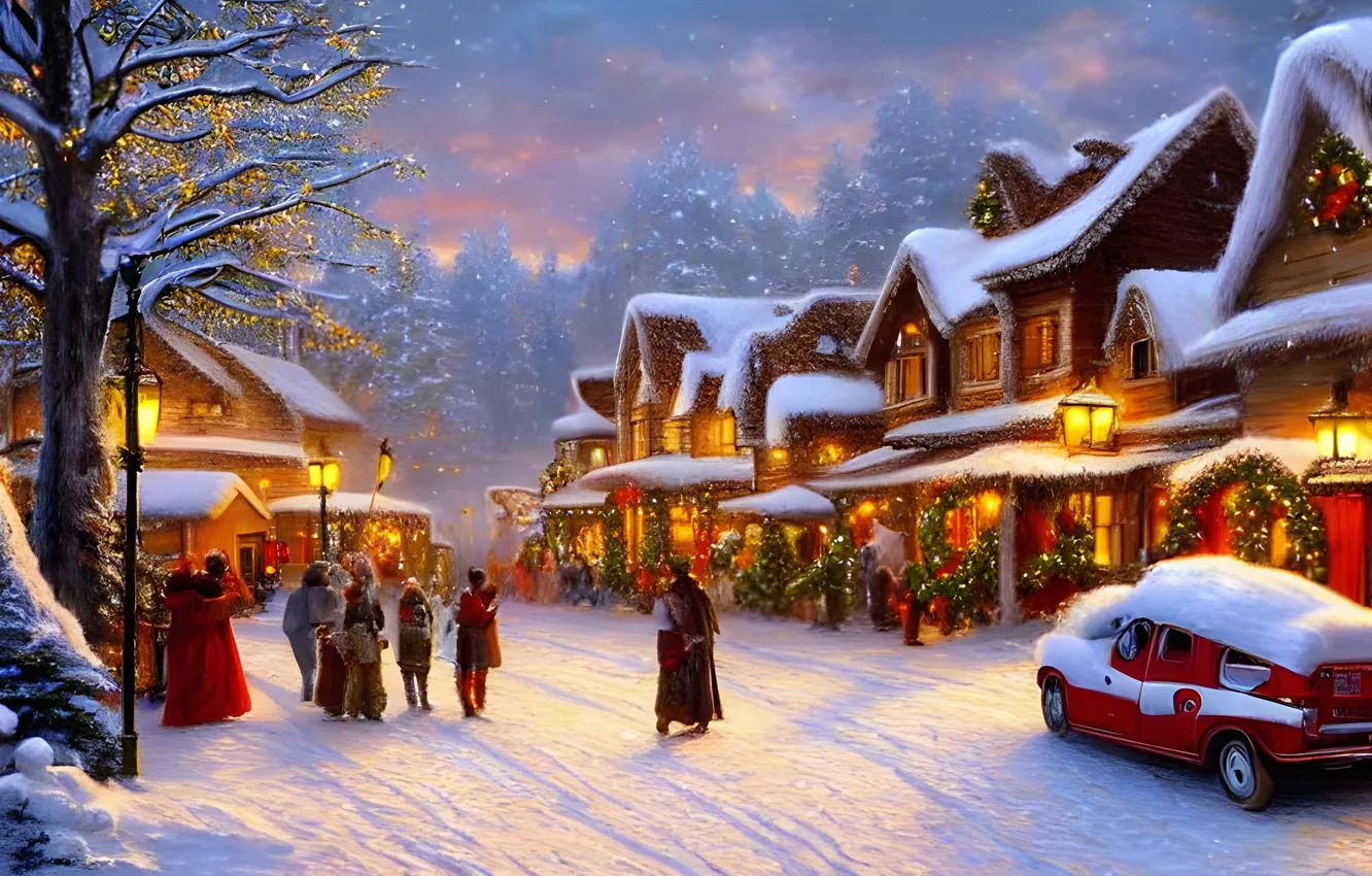 Photo wallpaper winter, machine, snow, trees, people, home, digital art, AI art