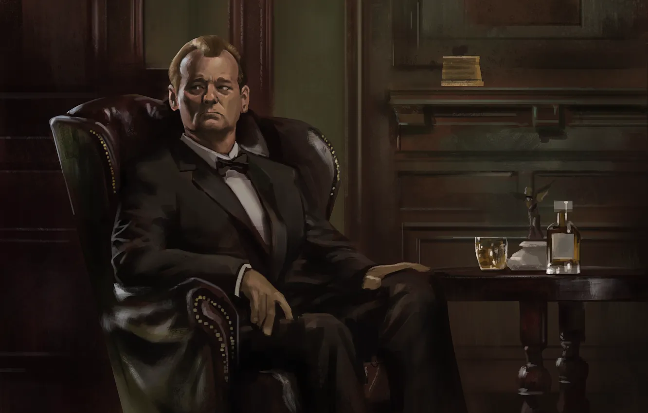 Photo wallpaper chair, art, alcohol, actor, male, whiskey, Bill Murray, Lost in translation