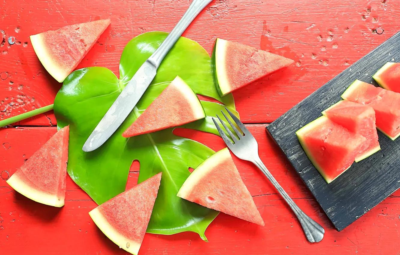 Photo wallpaper leaves, Board, watermelon, knife, plug, slices