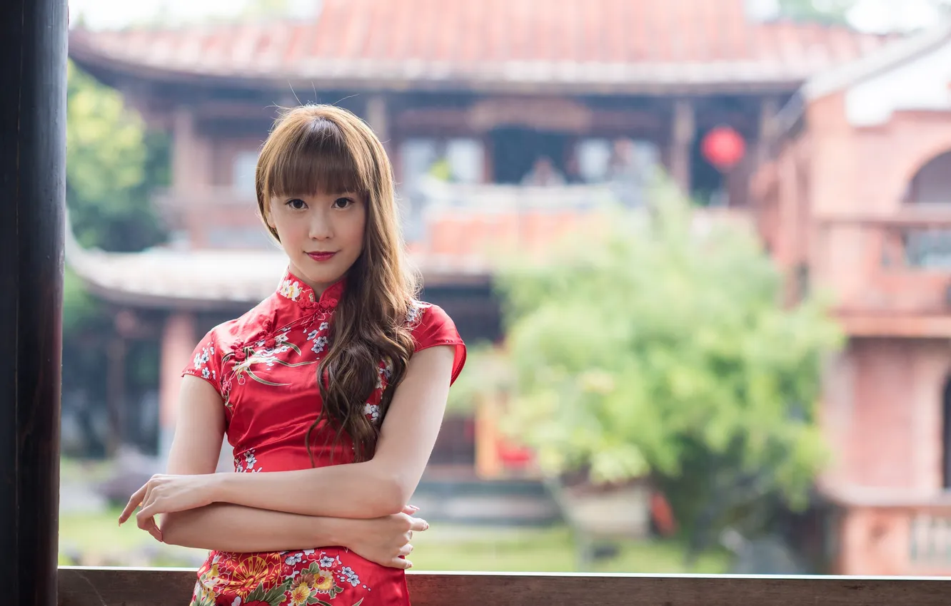 Photo wallpaper look, face, background, hair, hands, makeup, dress, Asian