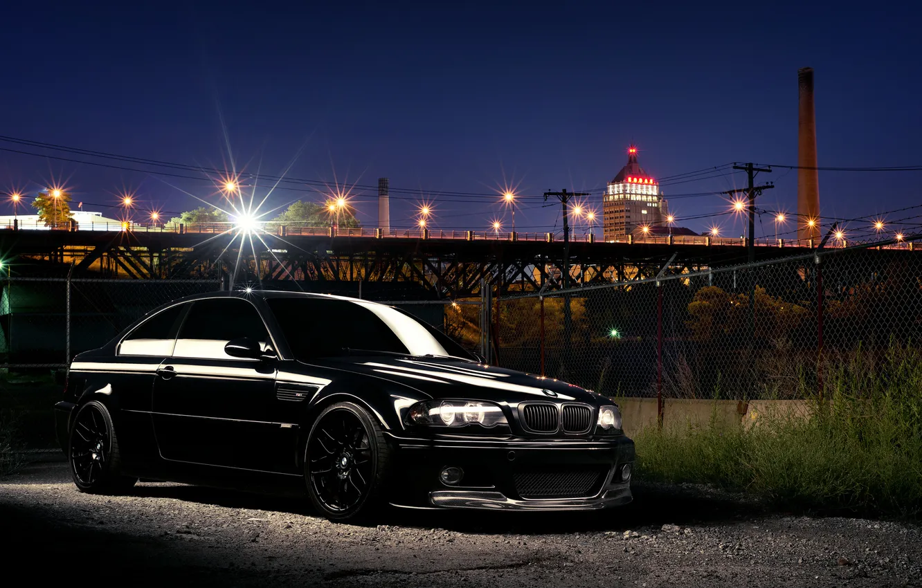Photo wallpaper night, the city, glare, black, BMW, BMW, black, E46
