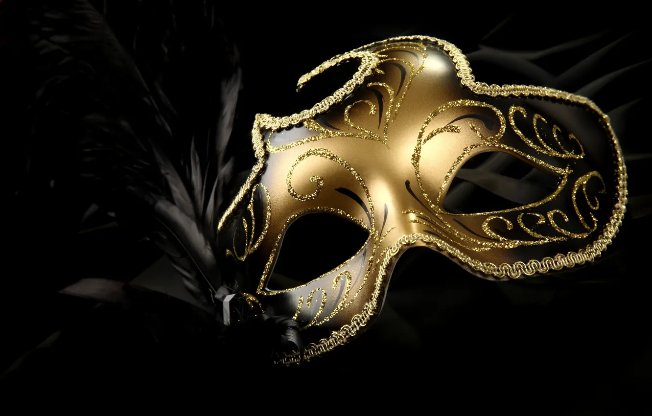 Photo wallpaper gold, feathers, bright, carnival mask