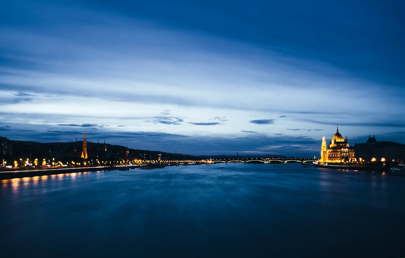Photo wallpaper the sky, sunset, blue, river, Hungary, Hungary, Budapest, Budapest