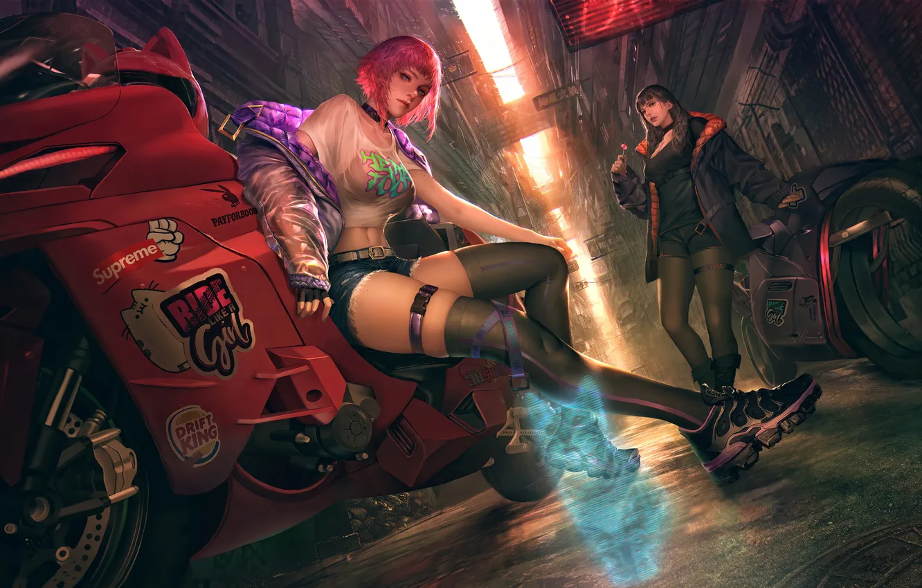 Photo wallpaper pink hair, girls, style, cat, sci-fi, Cyberpunk, motorcycle-, the girl in shorts