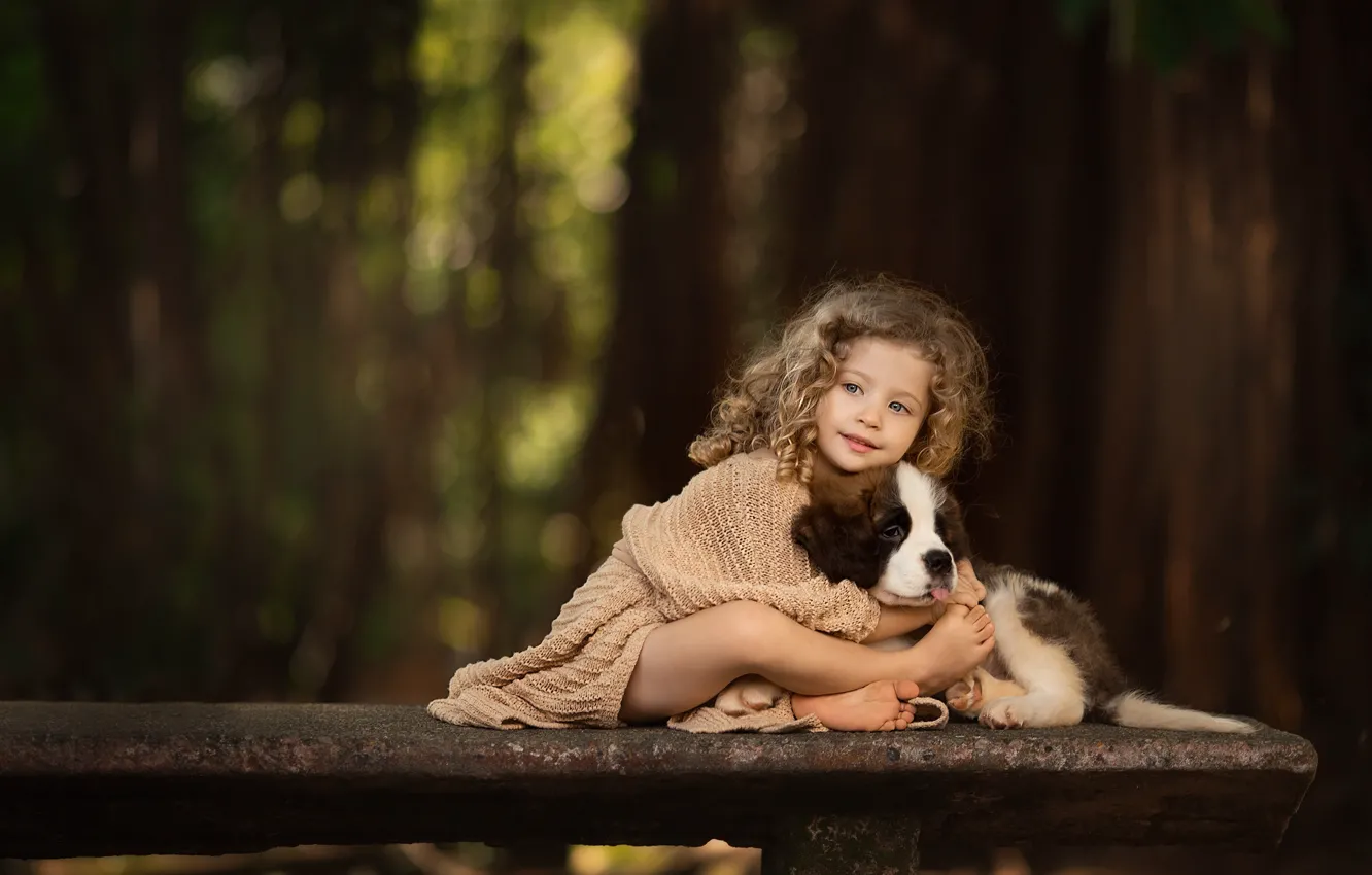 Photo wallpaper friendship, girl, puppy, curls