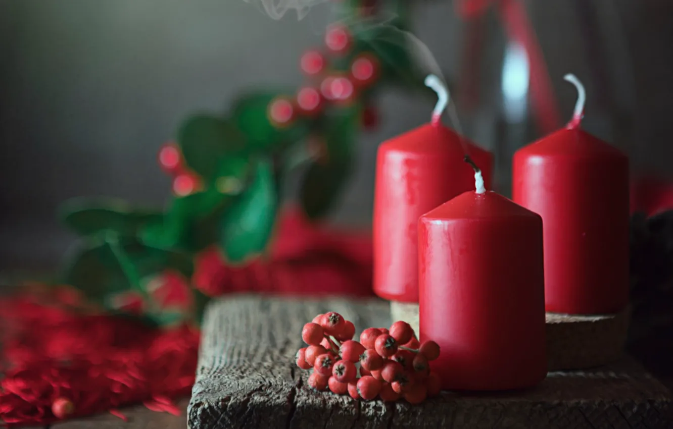 Photo wallpaper berries, holiday, Board, candles, Christmas, candy, Rowan