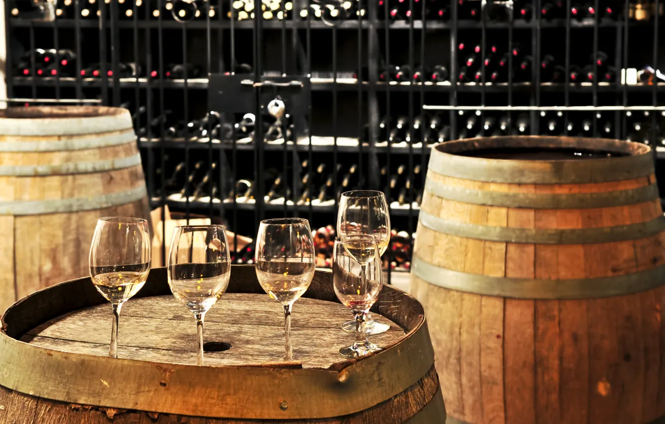 Photo wallpaper wine, drinks, cups, barrels