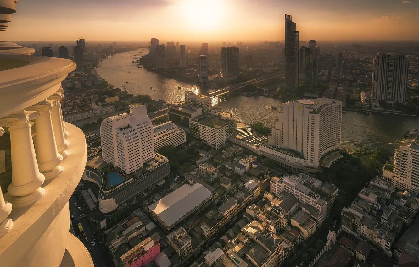 Photo wallpaper the sun, the city, river, dawn, building, beauty, morning, Thailand