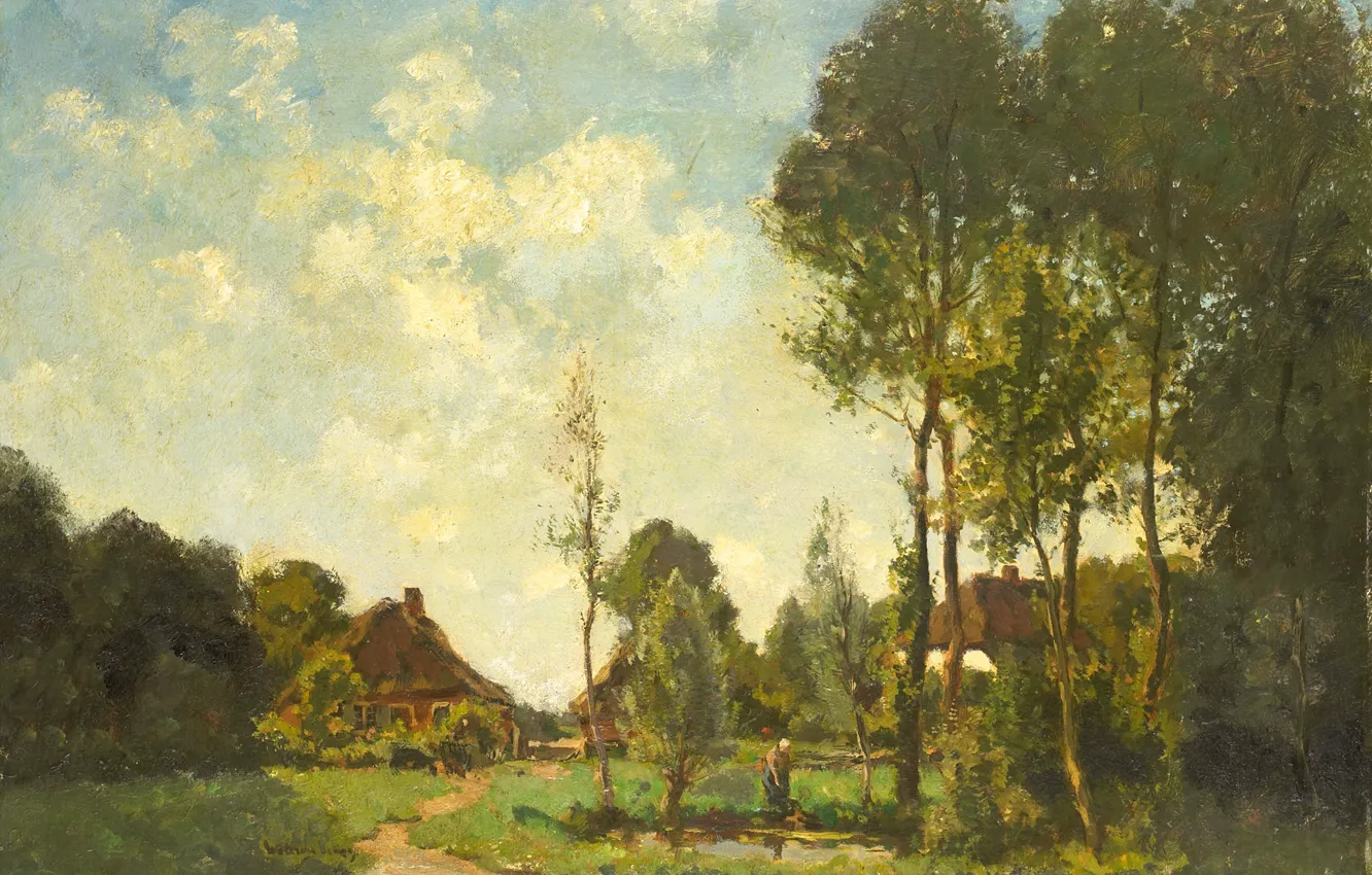 Photo wallpaper landscape, tree, oil, picture, Farmhouses in a Wooded Area, John Embrosius van de Wetering de …