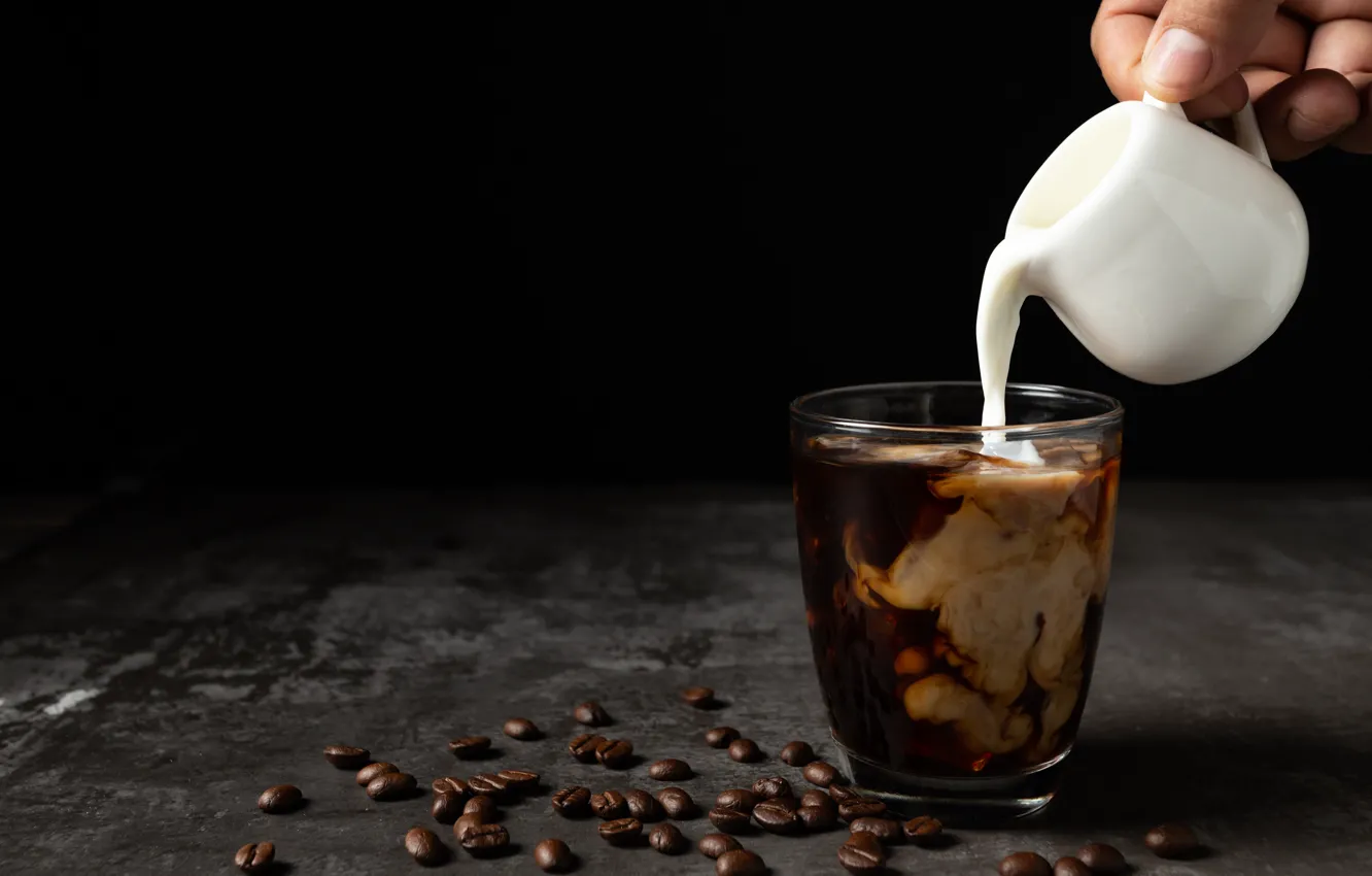 Photo wallpaper coffee, hand, milk, black background, grain, coffee, milk