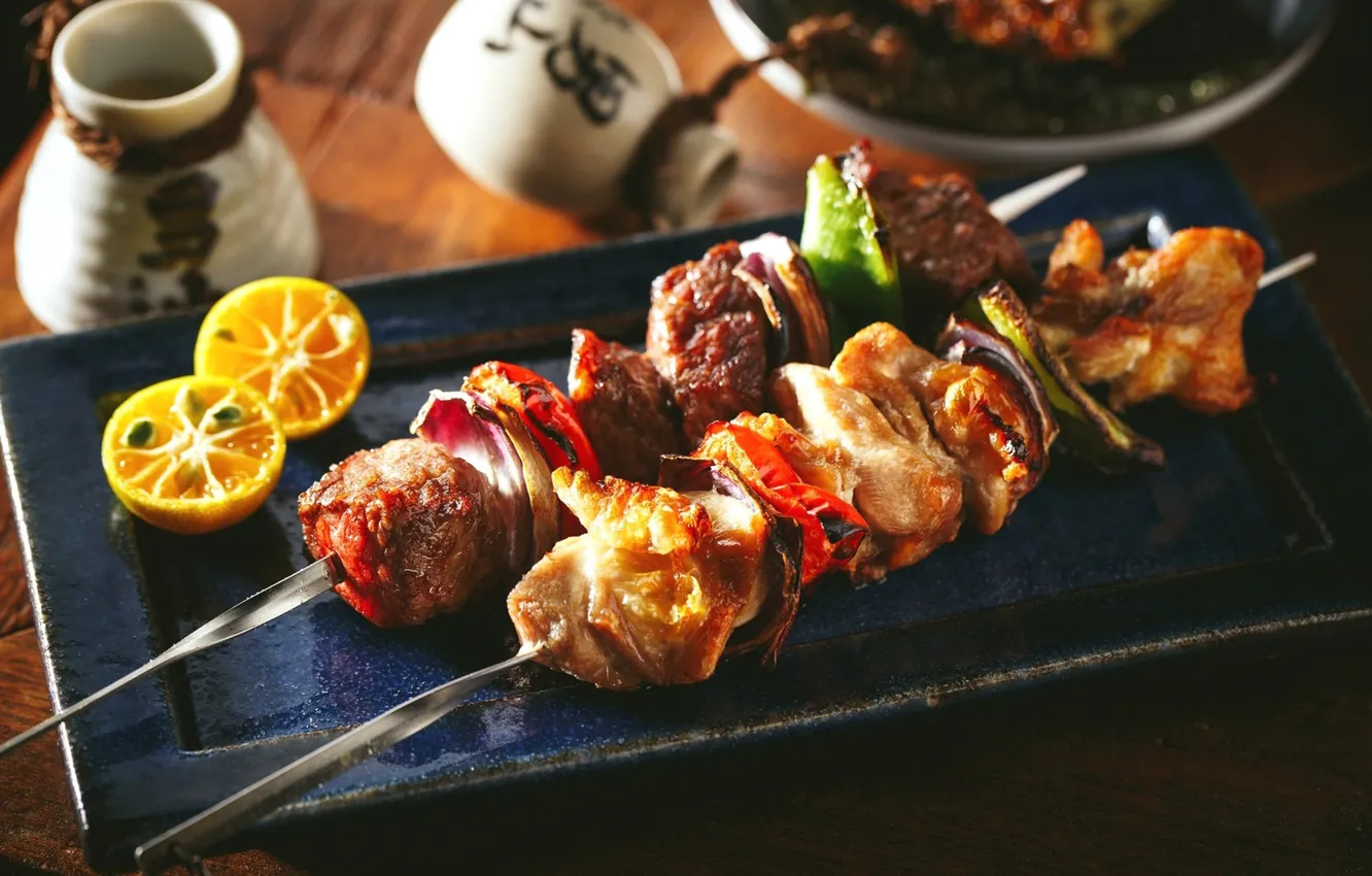 Photo wallpaper lemon, meat, lemon, vegetables, kebab, meat, kebabs