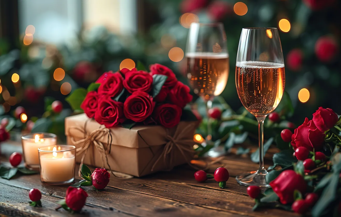 Photo wallpaper love, flowers, gift, romance, roses, glasses, love, champagne