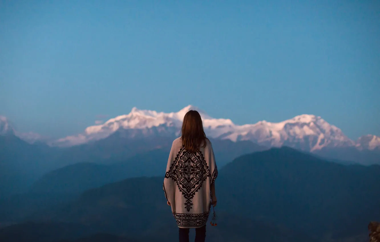 Photo wallpaper girl, twilight, mountains, dusk, contemplation
