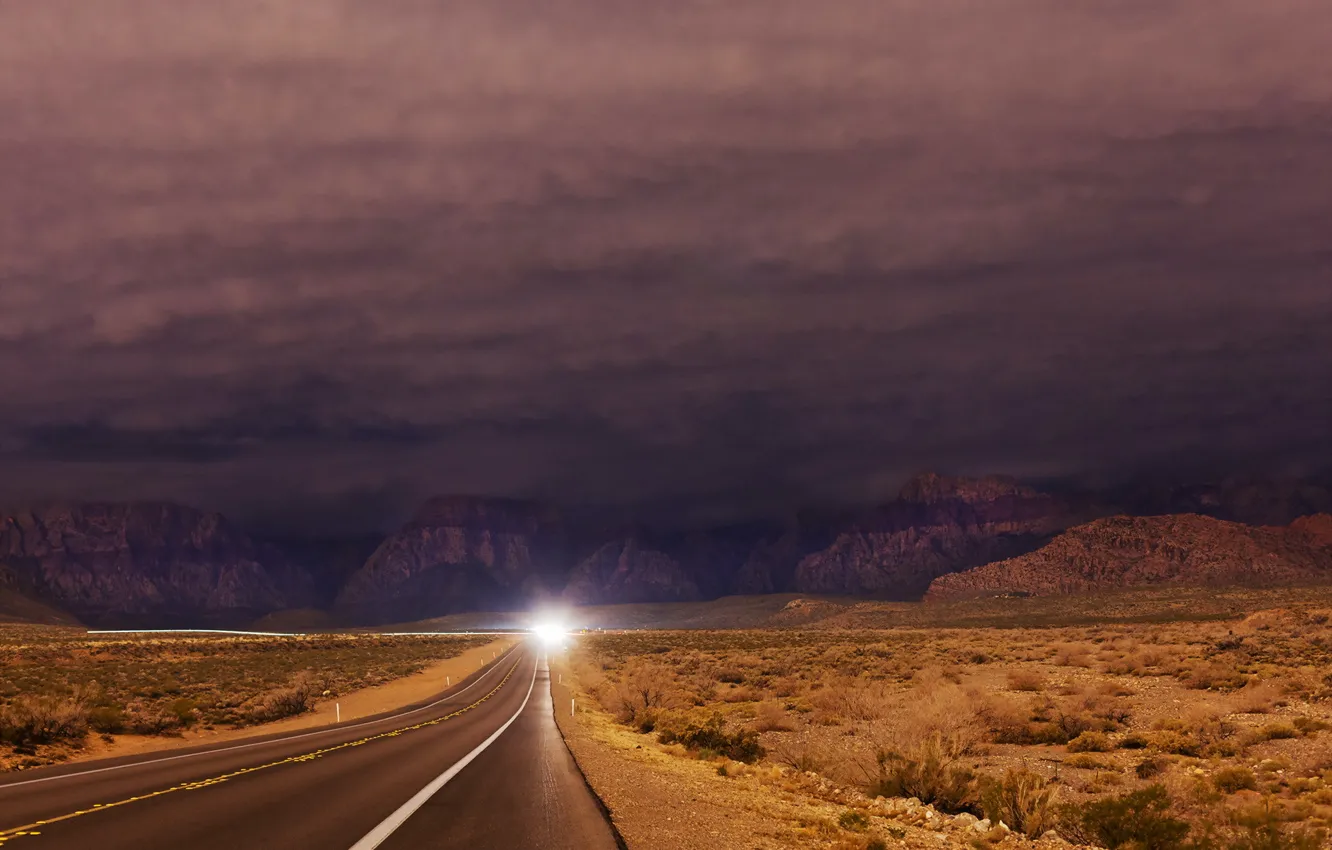 Photo wallpaper road, mountains, night