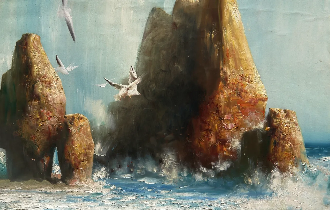 Photo wallpaper sea, rocks, seagulls, picture, Ukraine, Odessa, Joy