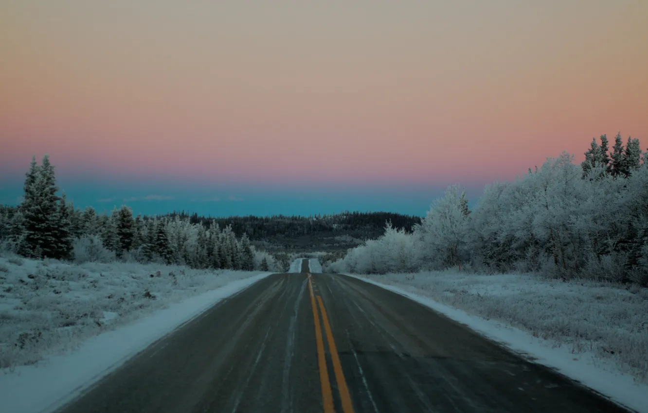 Photo wallpaper twilight, road, sunset, pink, winter, snow, dusk, purple